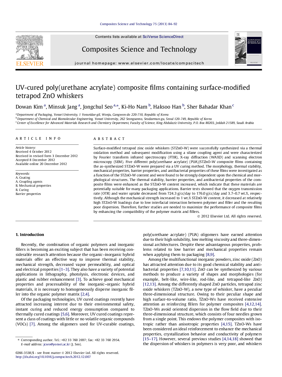 UV-cured poly(urethane acrylate) composite films containing surface-modified tetrapod ZnO whiskers