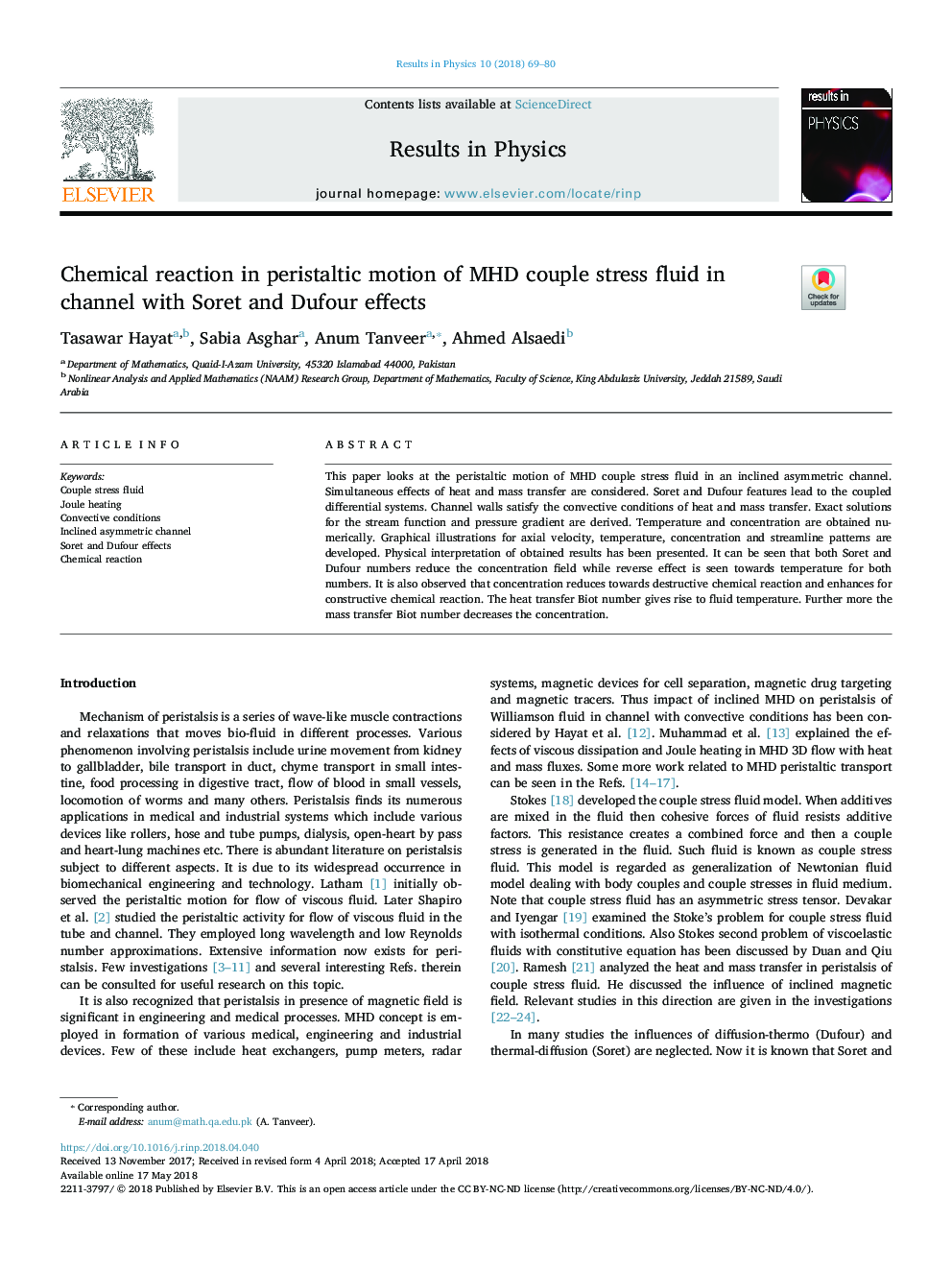 Chemical reaction in peristaltic motion of MHD couple stress fluid in channel with Soret and Dufour effects