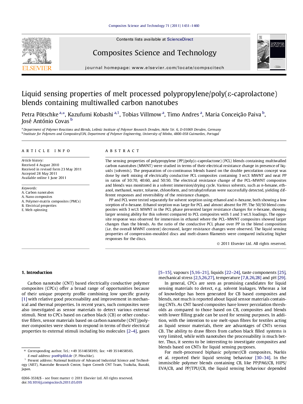 Liquid sensing properties of melt processed polypropylene/poly(ε-caprolactone) blends containing multiwalled carbon nanotubes