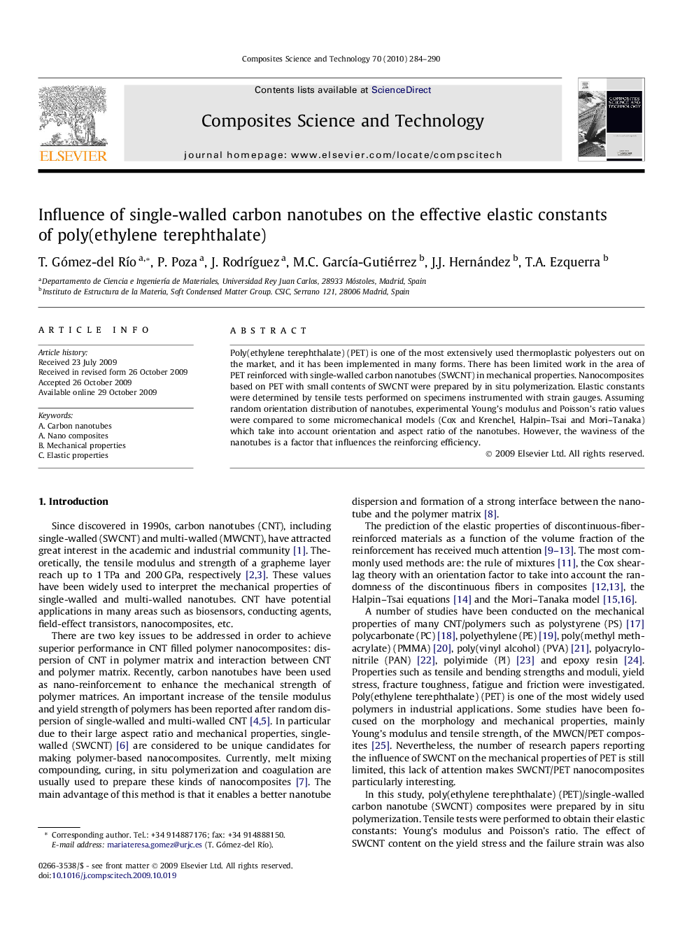 Influence of single-walled carbon nanotubes on the effective elastic constants of poly(ethylene terephthalate)