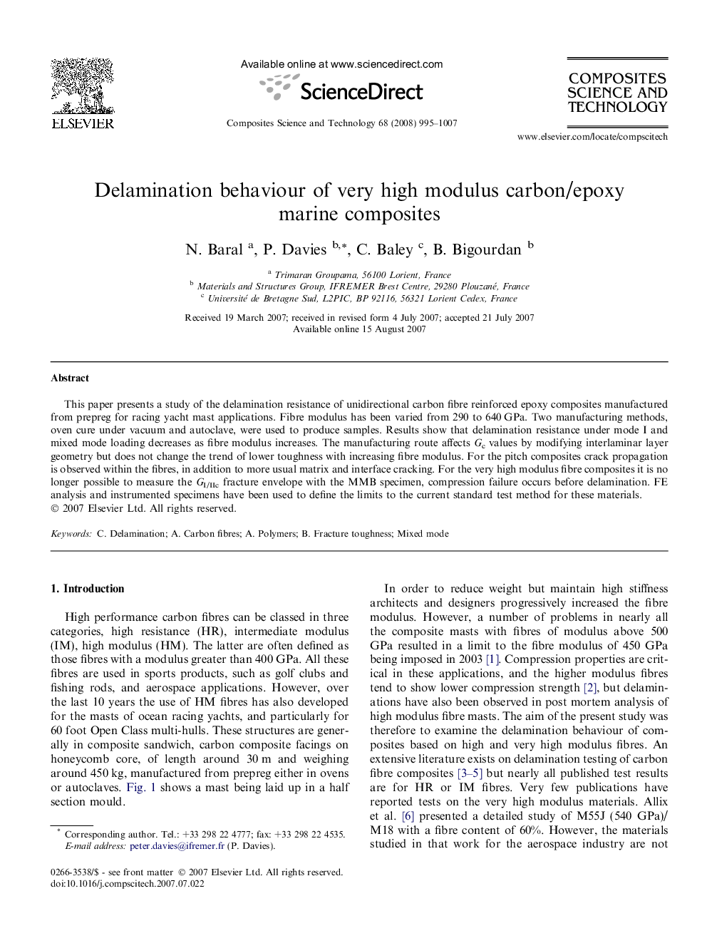 Delamination behaviour of very high modulus carbon/epoxy marine composites