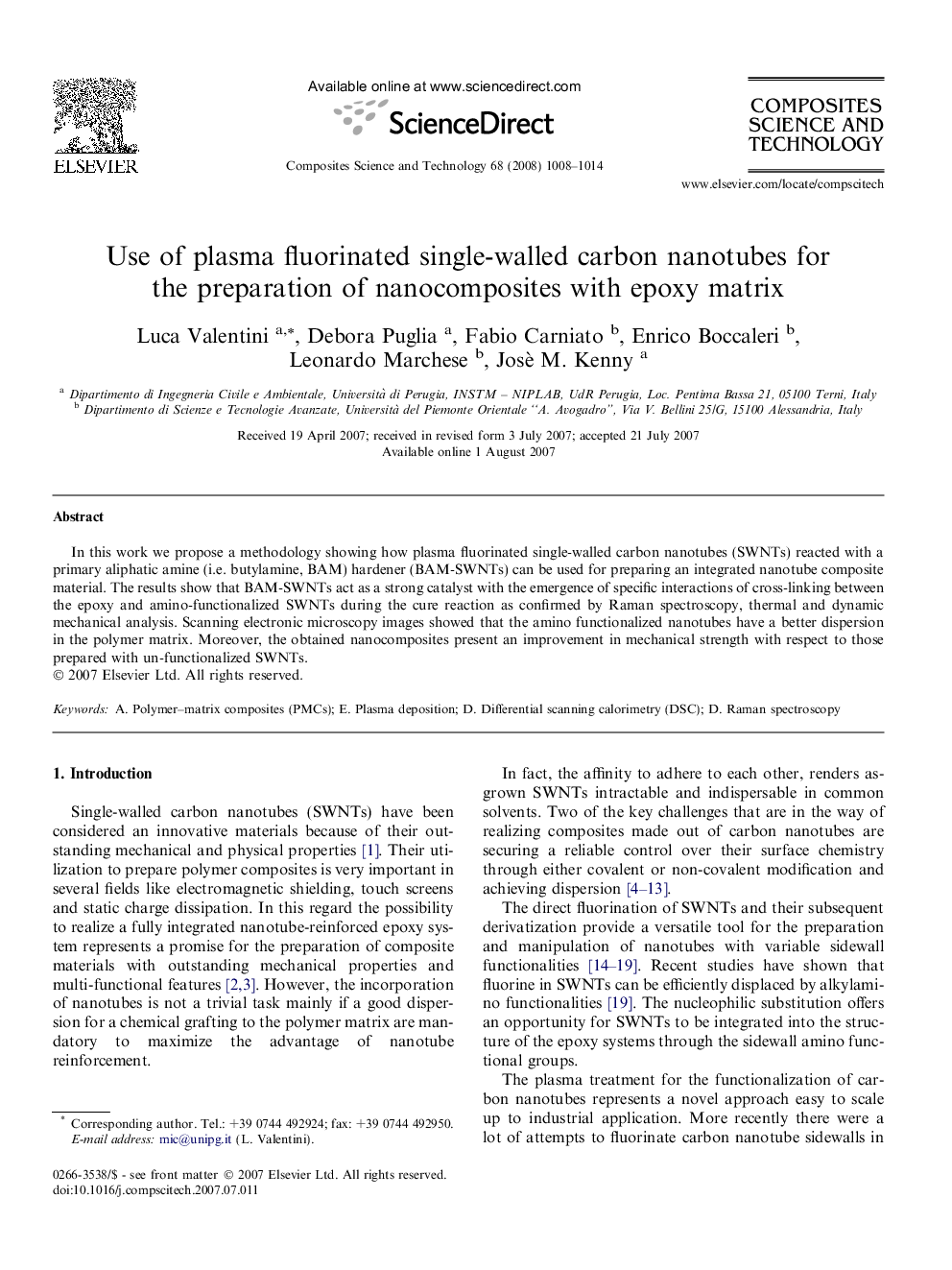 Use of plasma fluorinated single-walled carbon nanotubes for the preparation of nanocomposites with epoxy matrix