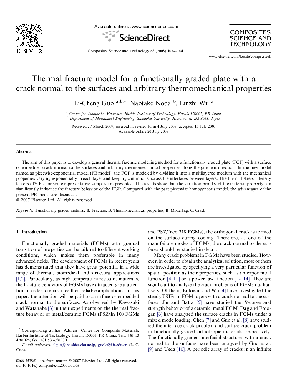 Thermal fracture model for a functionally graded plate with a crack normal to the surfaces and arbitrary thermomechanical properties
