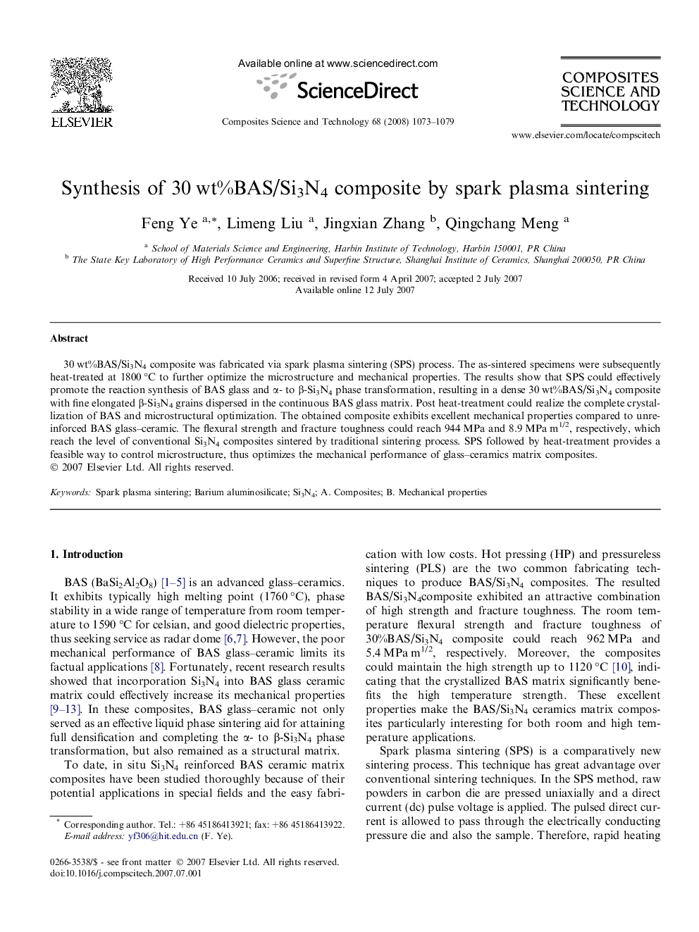 Synthesis of 30 wt%BAS/Si3N4 composite by spark plasma sintering