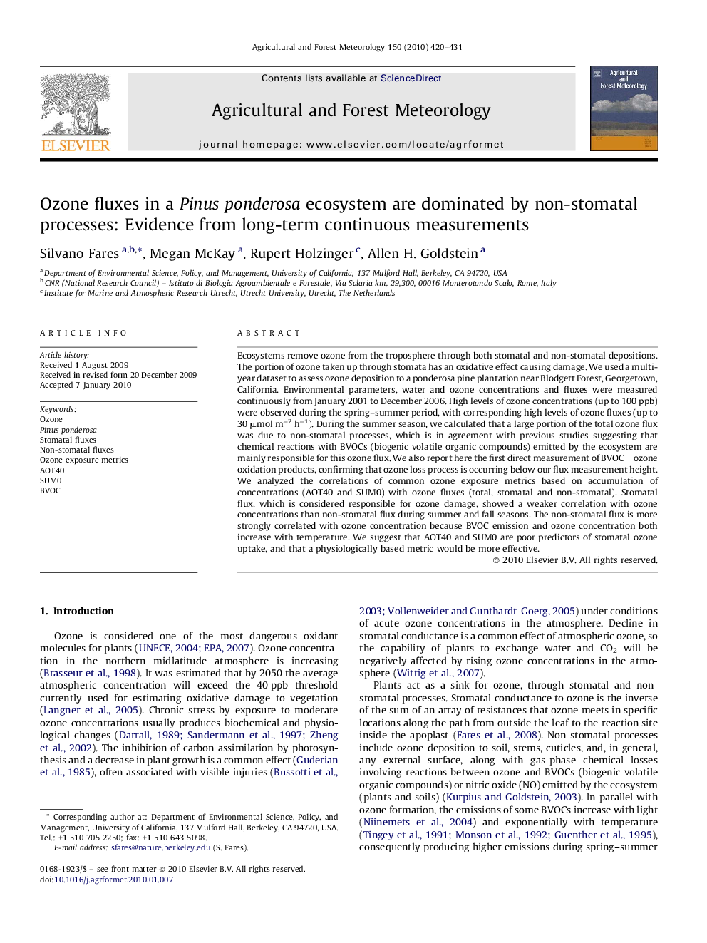 Ozone fluxes in a Pinus ponderosa ecosystem are dominated by non-stomatal processes: Evidence from long-term continuous measurements