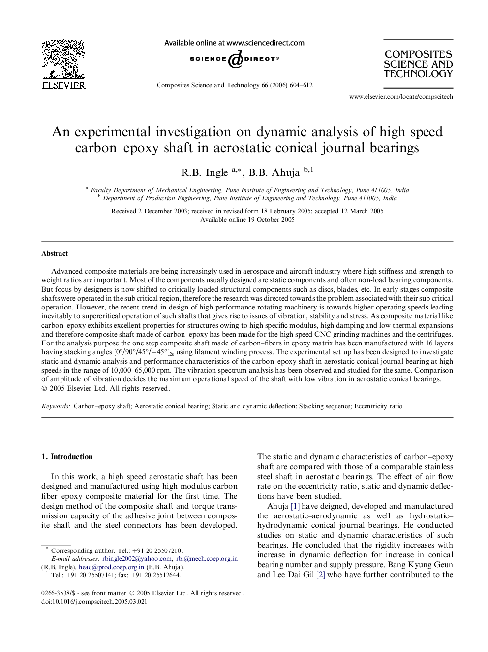 An experimental investigation on dynamic analysis of high speed carbon–epoxy shaft in aerostatic conical journal bearings