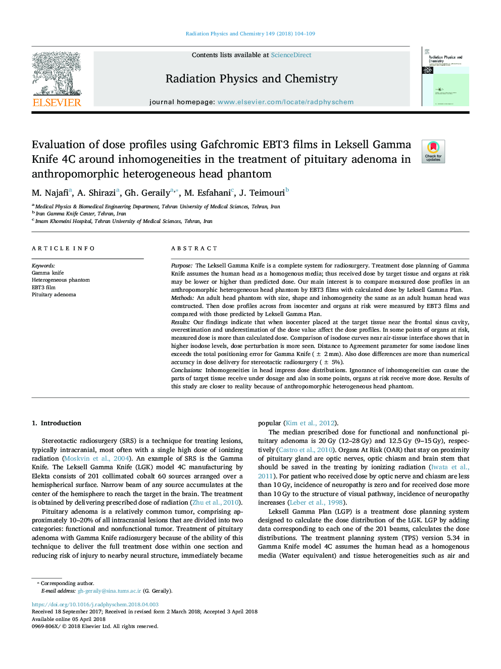 Evaluation of dose profiles using Gafchromic EBT3 films in Leksell Gamma Knife 4C around inhomogeneities in the treatment of pituitary adenoma in anthropomorphic heterogeneous head phantom