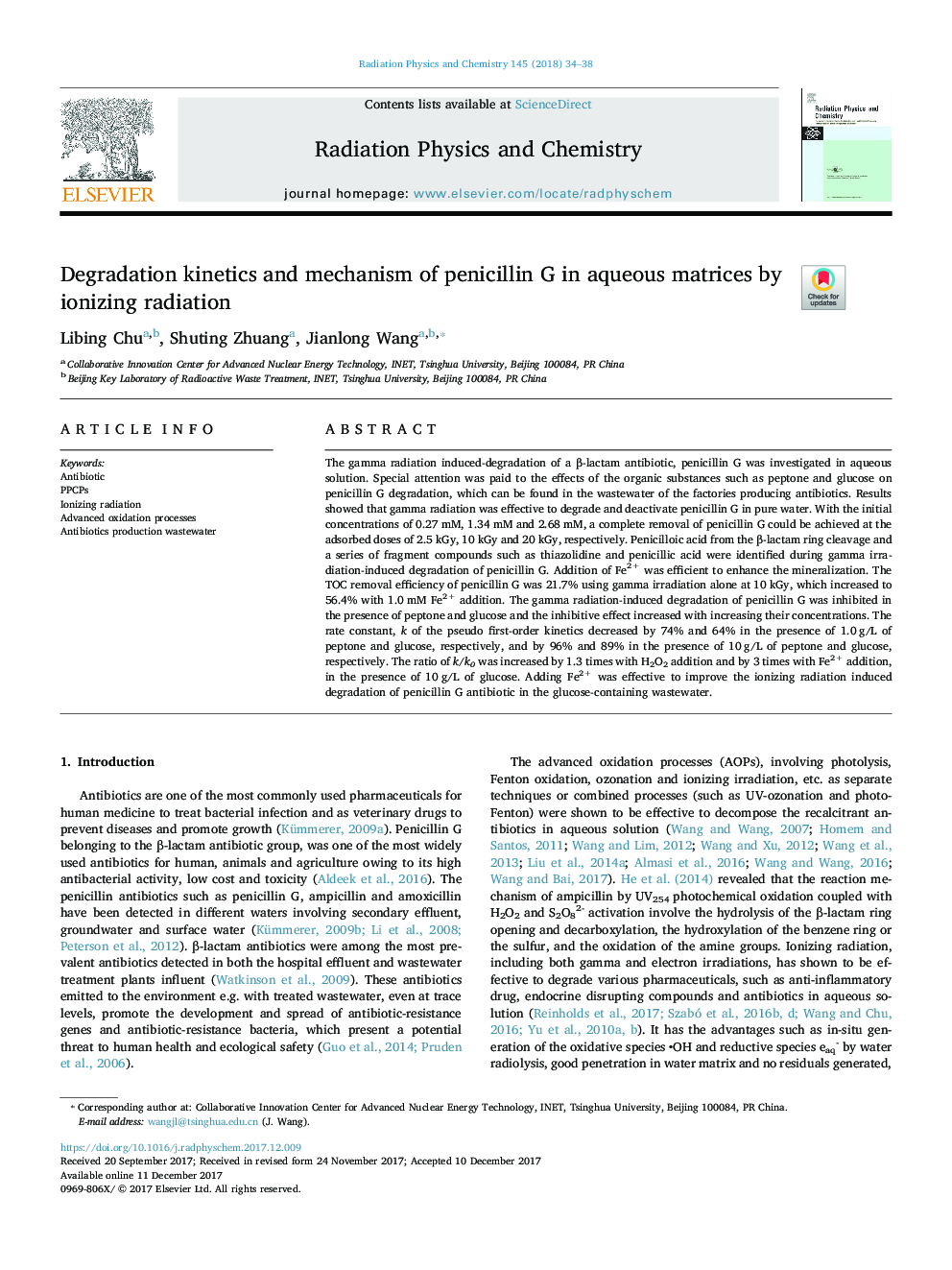Degradation kinetics and mechanism of penicillin G in aqueous matrices by ionizing radiation