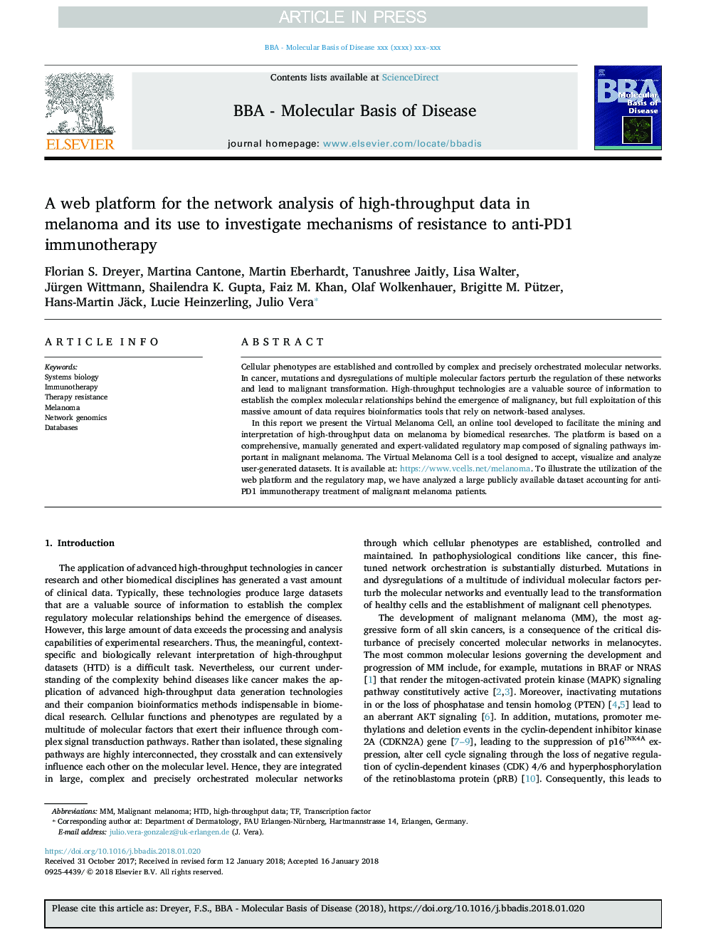 A web platform for the network analysis of high-throughput data in melanoma and its use to investigate mechanisms of resistance to anti-PD1 immunotherapy