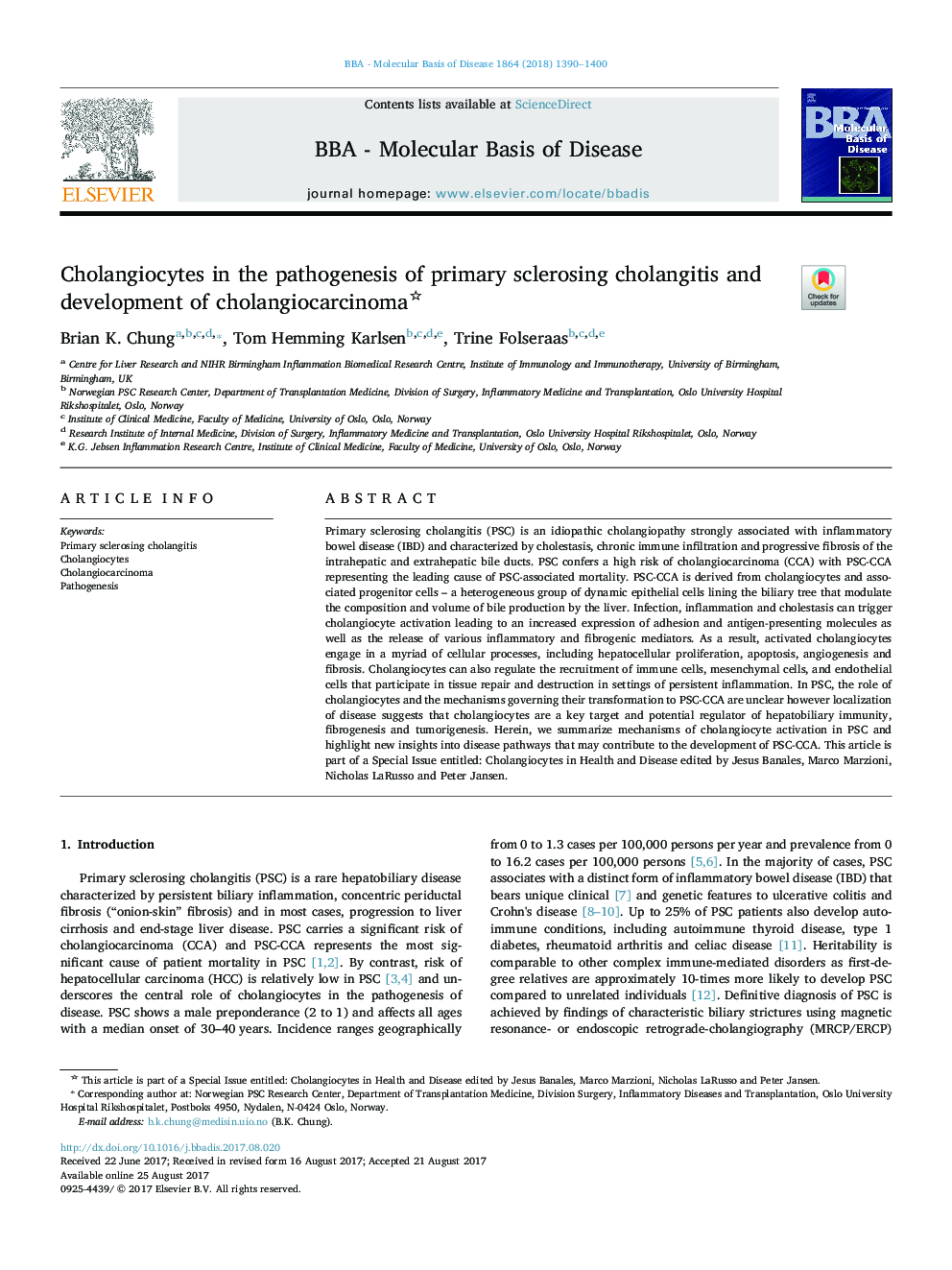 Cholangiocytes in the pathogenesis of primary sclerosing cholangitis and development of cholangiocarcinoma