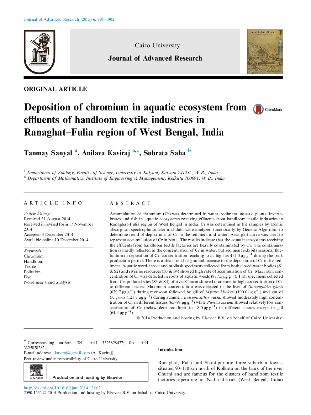 Deposition of chromium in aquatic ecosystem from effluents of handloom textile industries in Ranaghat–Fulia region of West Bengal, India 