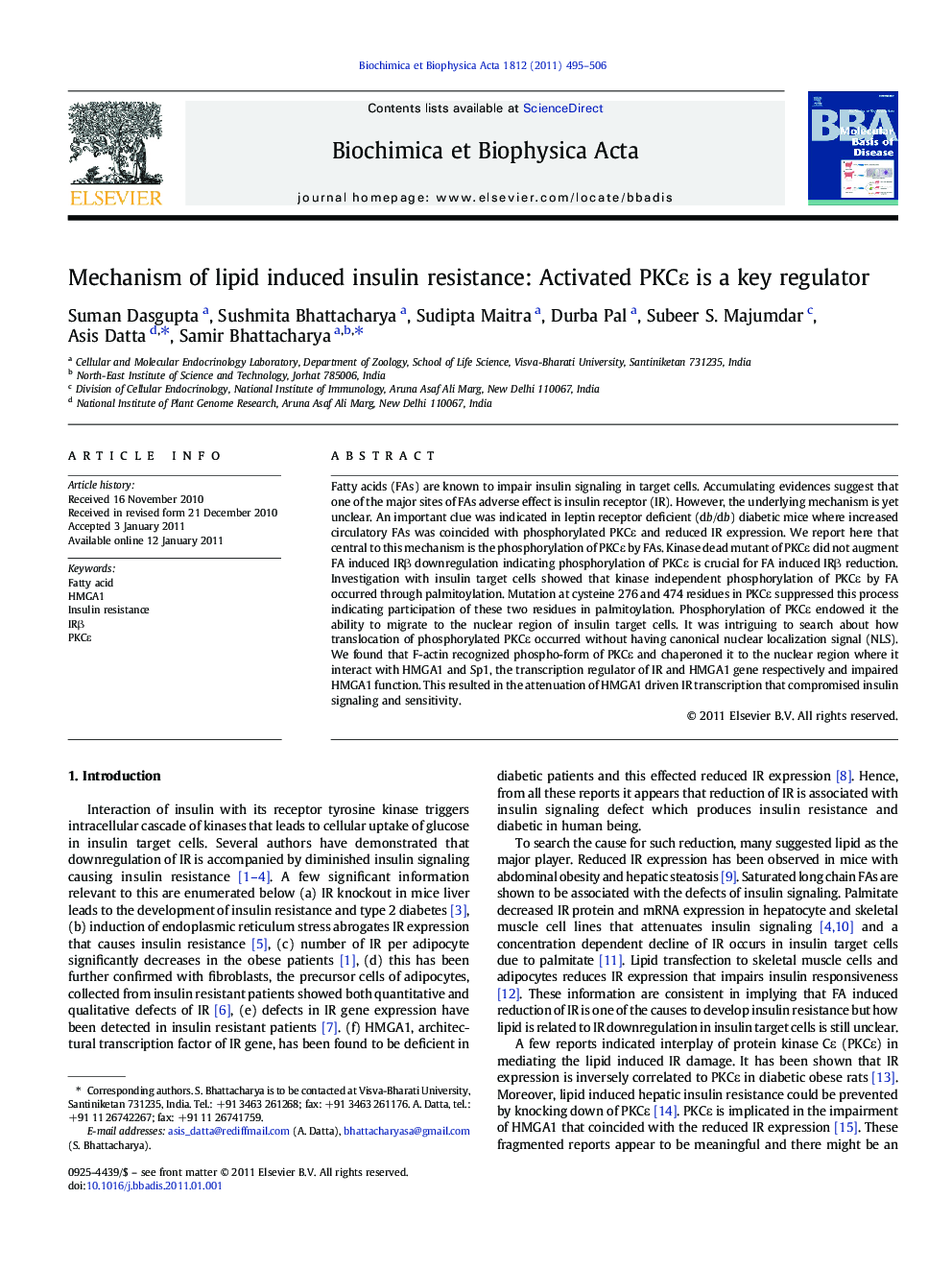 Mechanism of lipid induced insulin resistance: Activated PKCÎµ is a key regulator