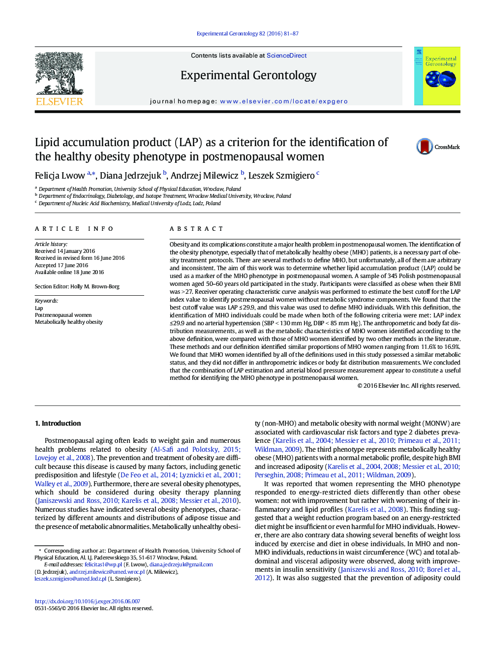 Lipid accumulation product (LAP) as a criterion for the identification of the healthy obesity phenotype in postmenopausal women