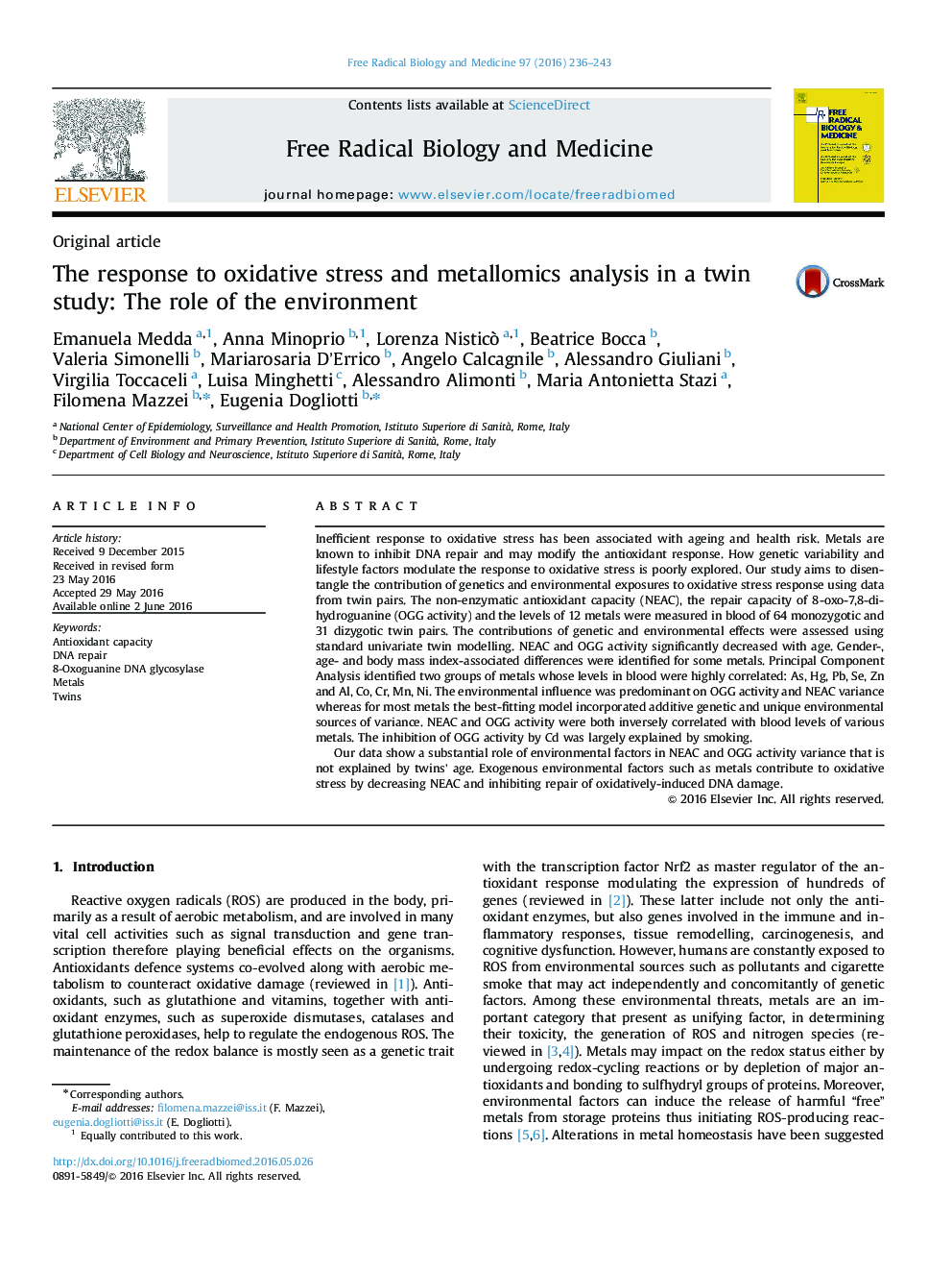 پاسخ به استرس اکسیداتیو و تجزیه و تحلیل فلزی در یک مطالعه دوقلو: نقش محیط زیست 