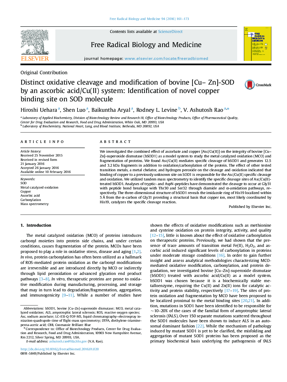 Distinct oxidative cleavage and modification of bovine [Cu- Zn]-SOD by an ascorbic acid/Cu(II) system: Identification of novel copper binding site on SOD molecule