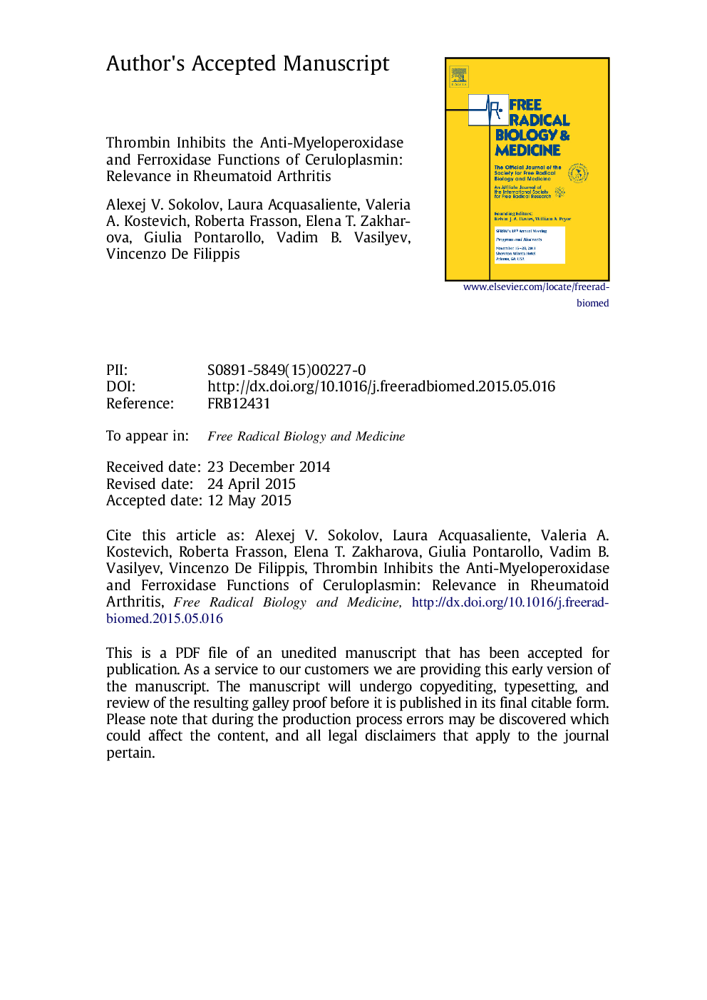 Thrombin inhibits the anti-myeloperoxidase and ferroxidase functions of ceruloplasmin: relevance in rheumatoid arthritis