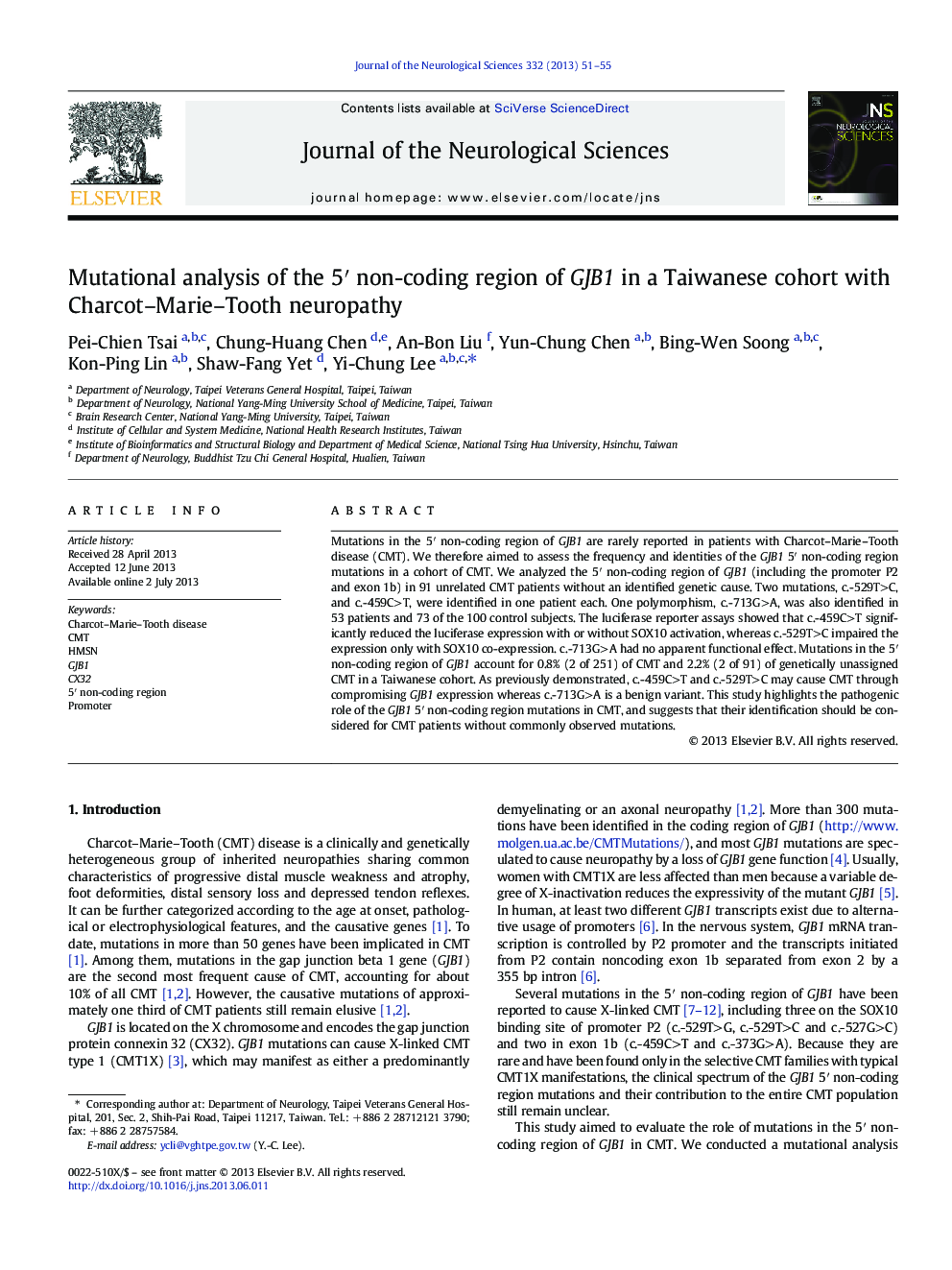 Mutational analysis of the 5â² non-coding region of GJB1 in a Taiwanese cohort with Charcot-Marie-Tooth neuropathy