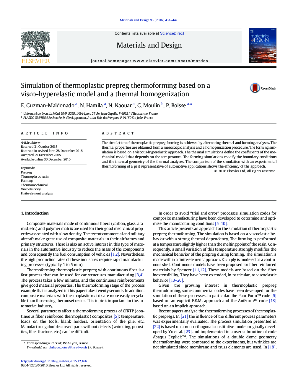 Simulation of thermoplastic prepreg thermoforming based on a visco-hyperelastic model and a thermal homogenization