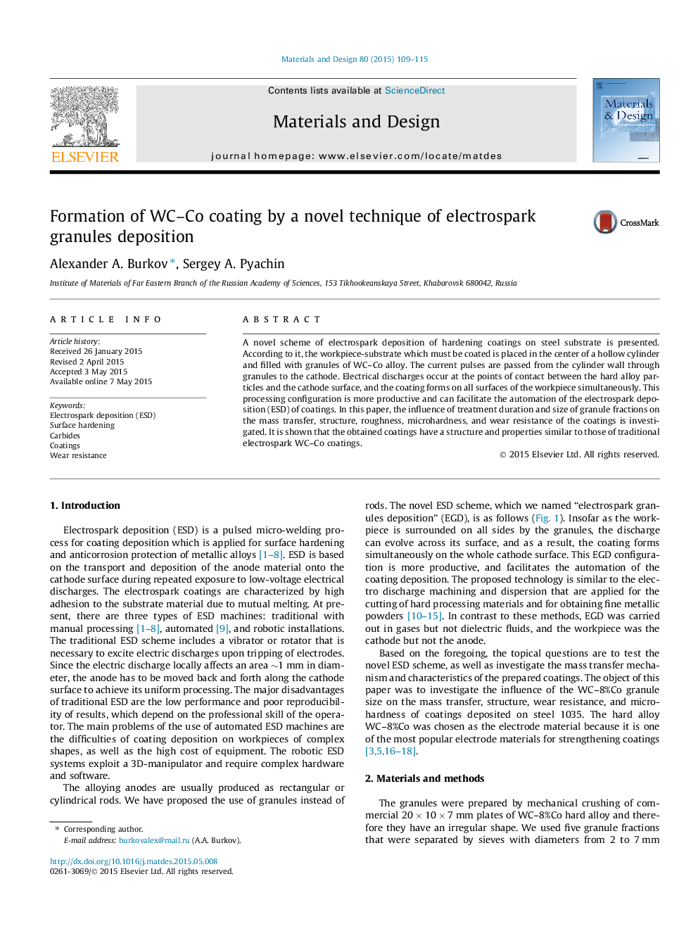 Formation of WC–Co coating by a novel technique of electrospark granules deposition