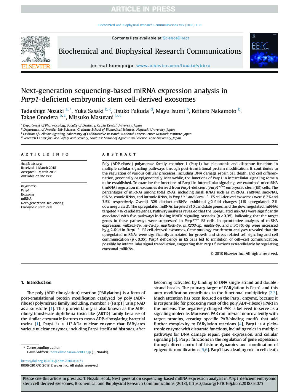 Next-generation sequencing-based miRNA expression analysis in Parp1-deficient embryonic stem cell-derived exosomes