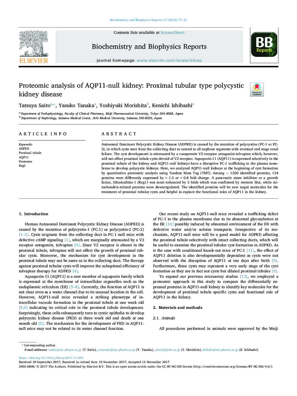 Proteomic analysis of AQP11-null kidney: Proximal tubular type polycystic kidney disease