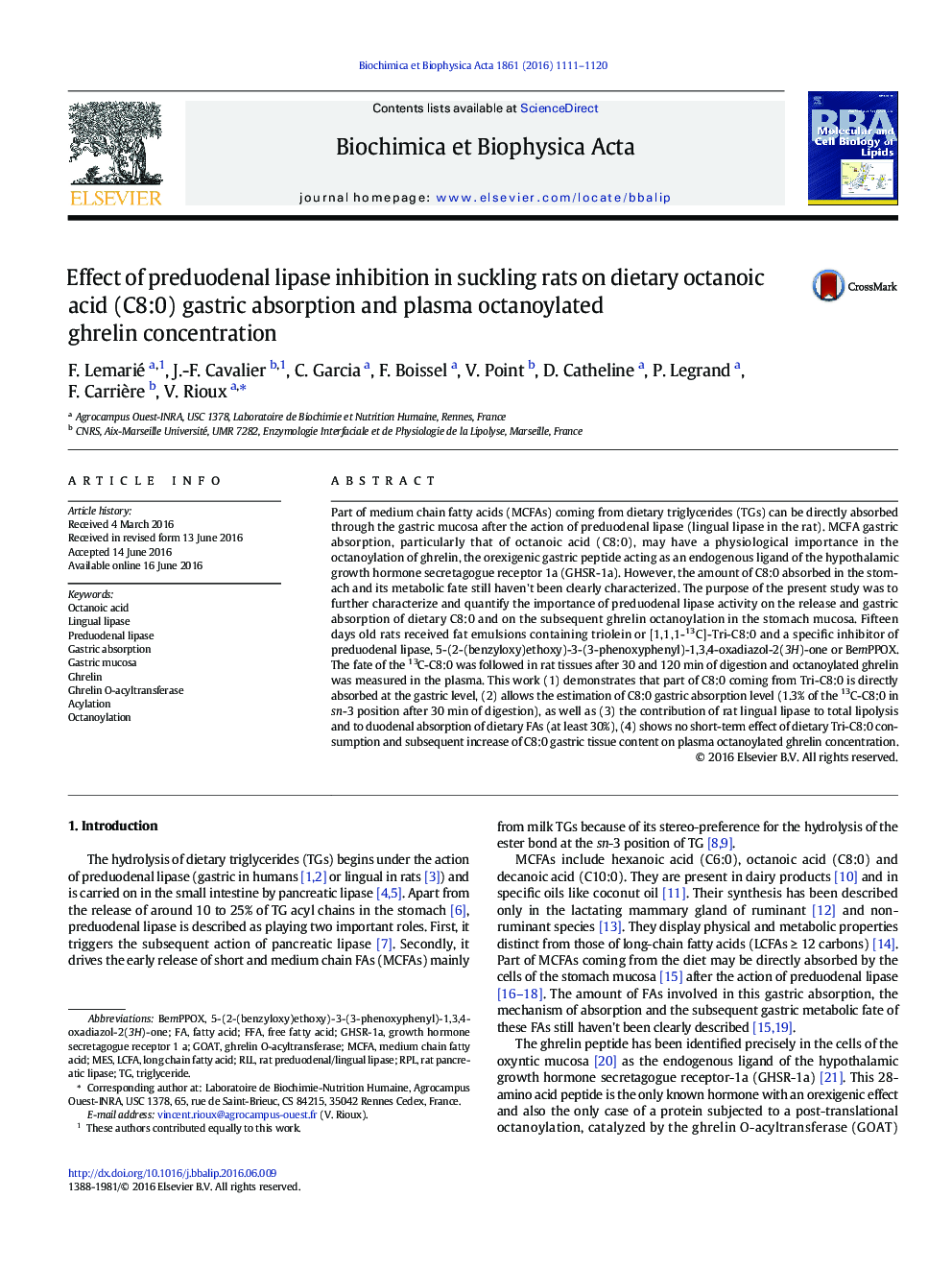 Effect of preduodenal lipase inhibition in suckling rats on dietary octanoic acid (C8:0) gastric absorption and plasma octanoylated ghrelin concentration