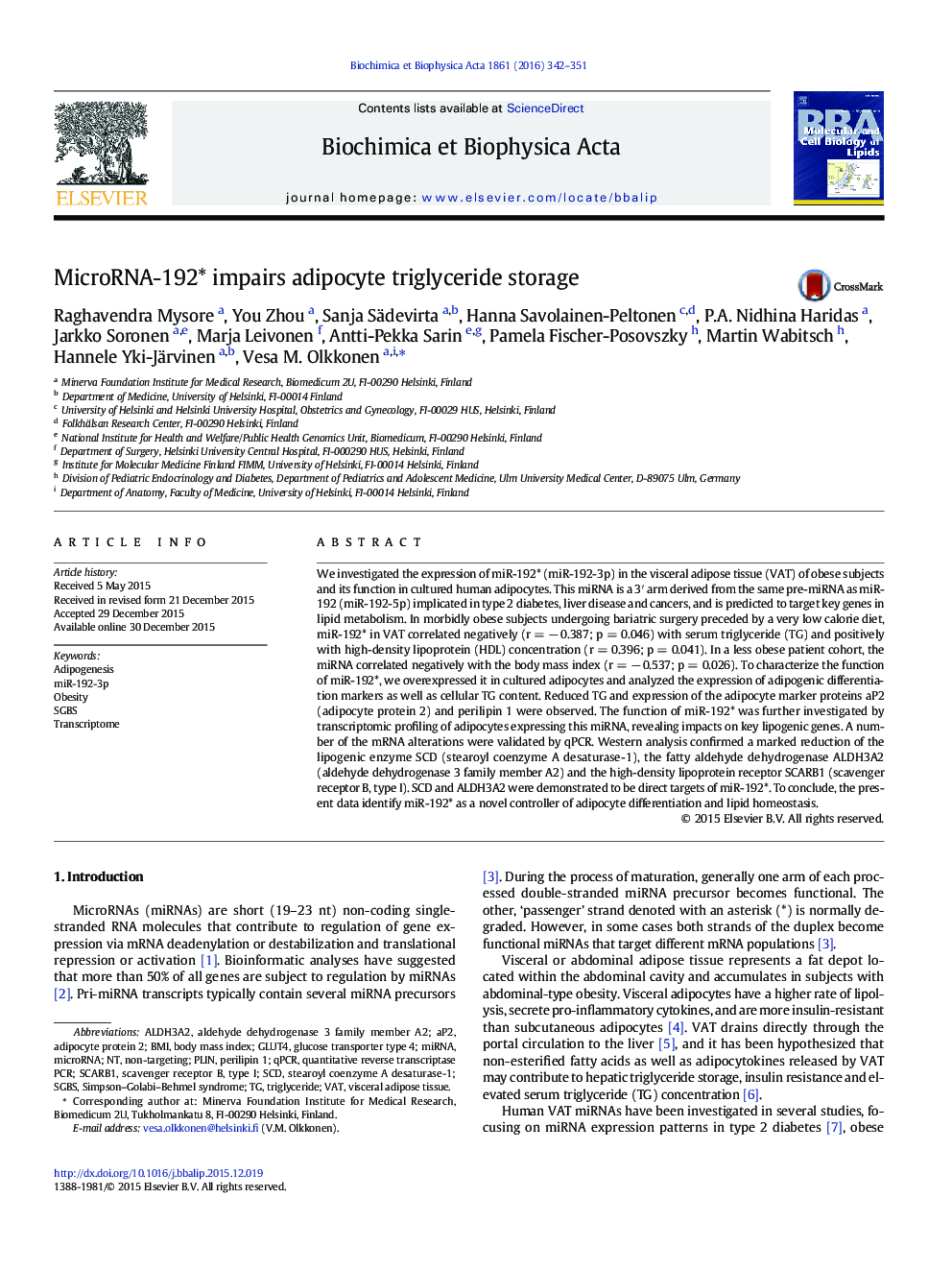 MicroRNA-192* impairs adipocyte triglyceride storage
