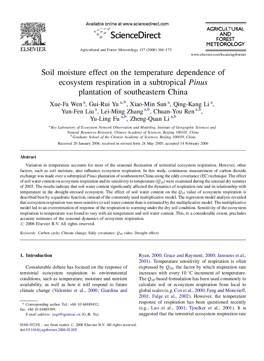 Soil moisture effect on the temperature dependence of ecosystem respiration in a subtropical Pinus plantation of southeastern China