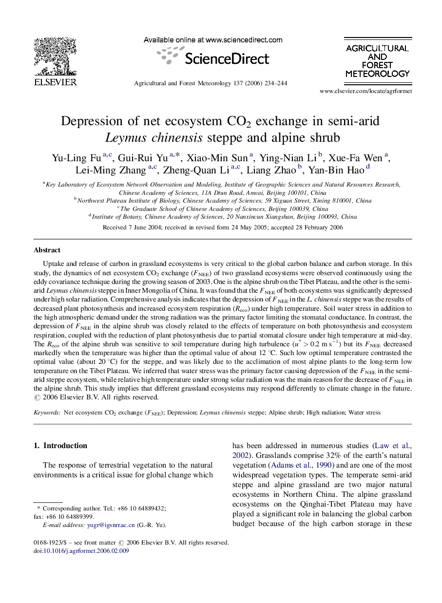 Depression of net ecosystem CO2 exchange in semi-arid Leymus chinensis steppe and alpine shrub