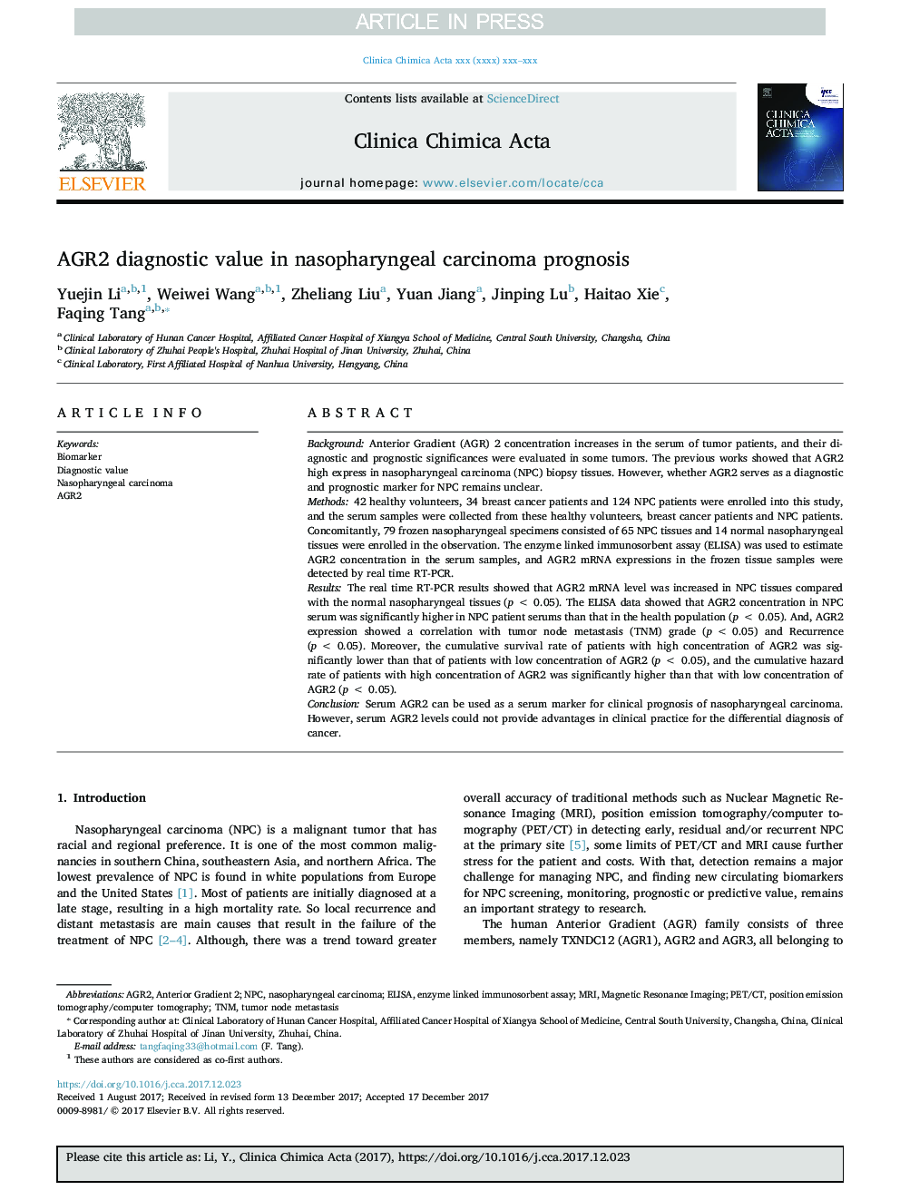 AGR2 diagnostic value in nasopharyngeal carcinoma prognosis