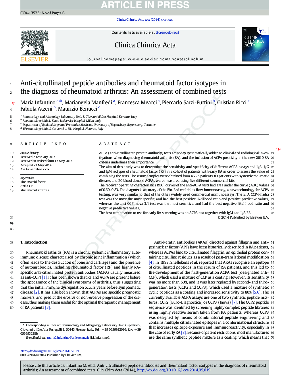 آنتی بادی های پپتید ضد سیترولینت و ایزوتایپ های فاکتور روماتوئید در تشخیص آرتریت روماتوئید: ارزیابی آزمایش های ترکیبی 