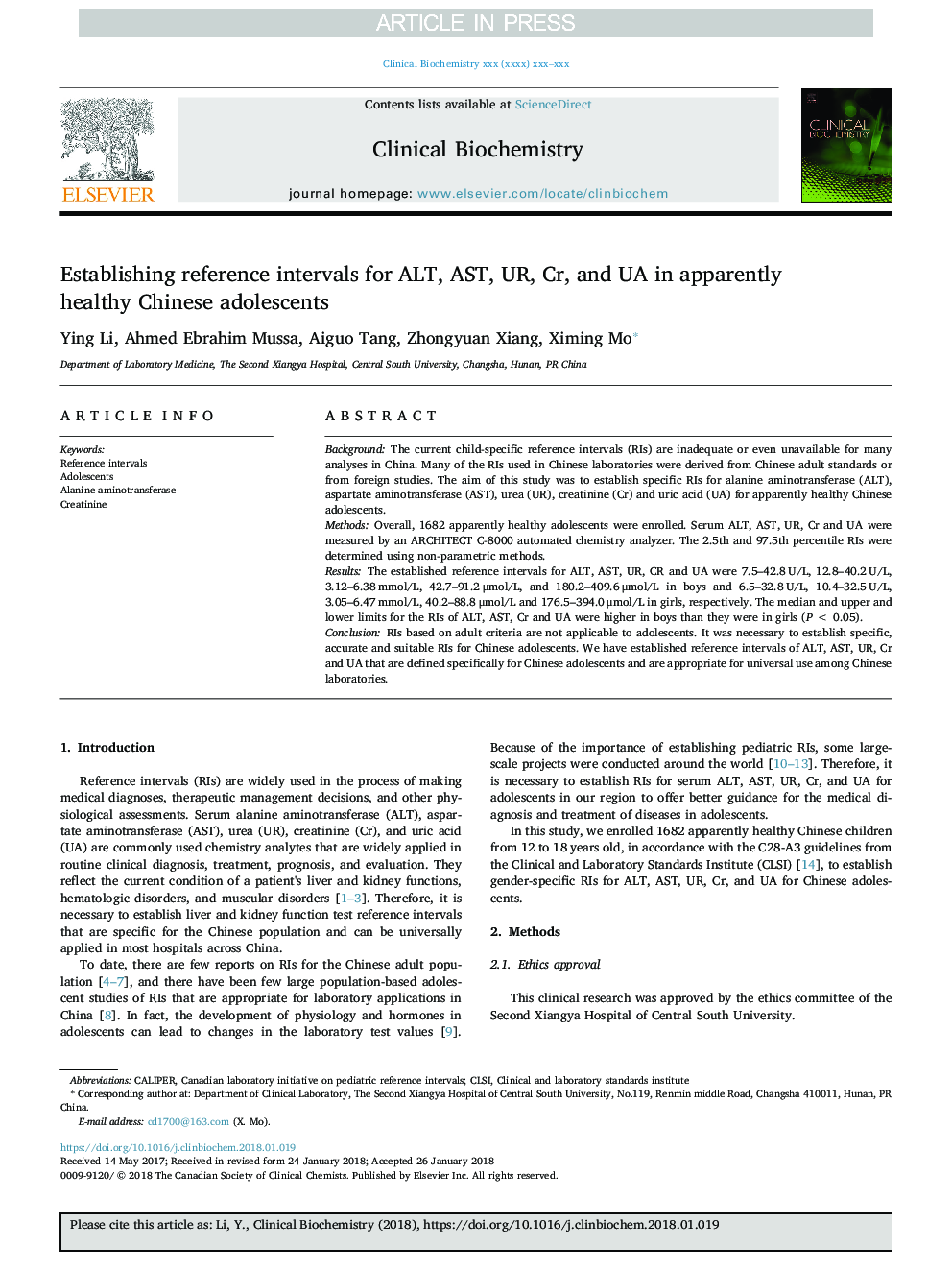 Establishing reference intervals for ALT, AST, UR, Cr, and UA in apparently healthy Chinese adolescents