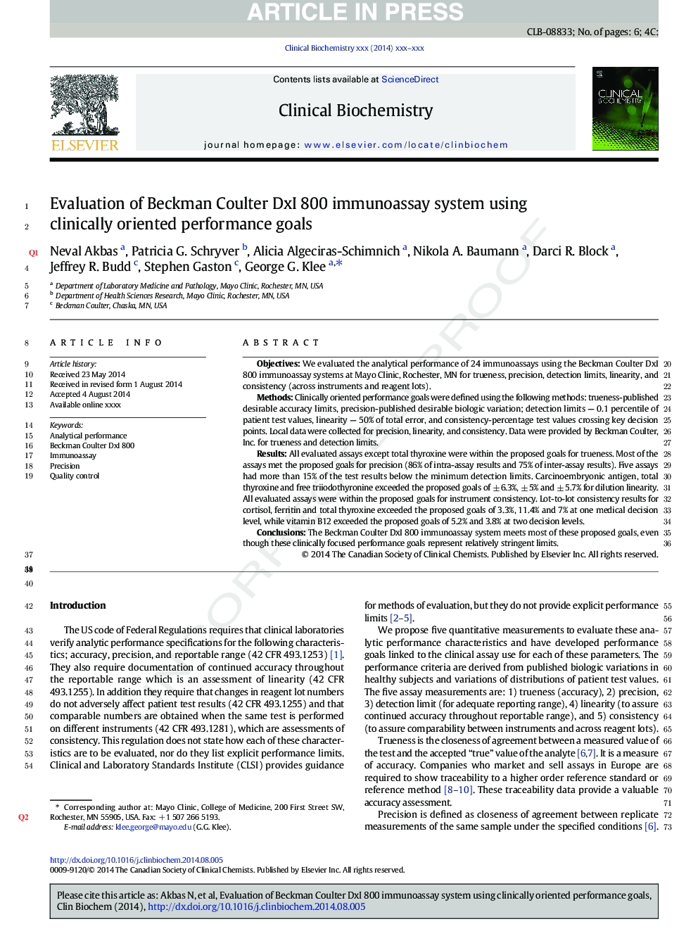 Evaluation of Beckman Coulter DxI 800 immunoassay system using clinically oriented performance goals