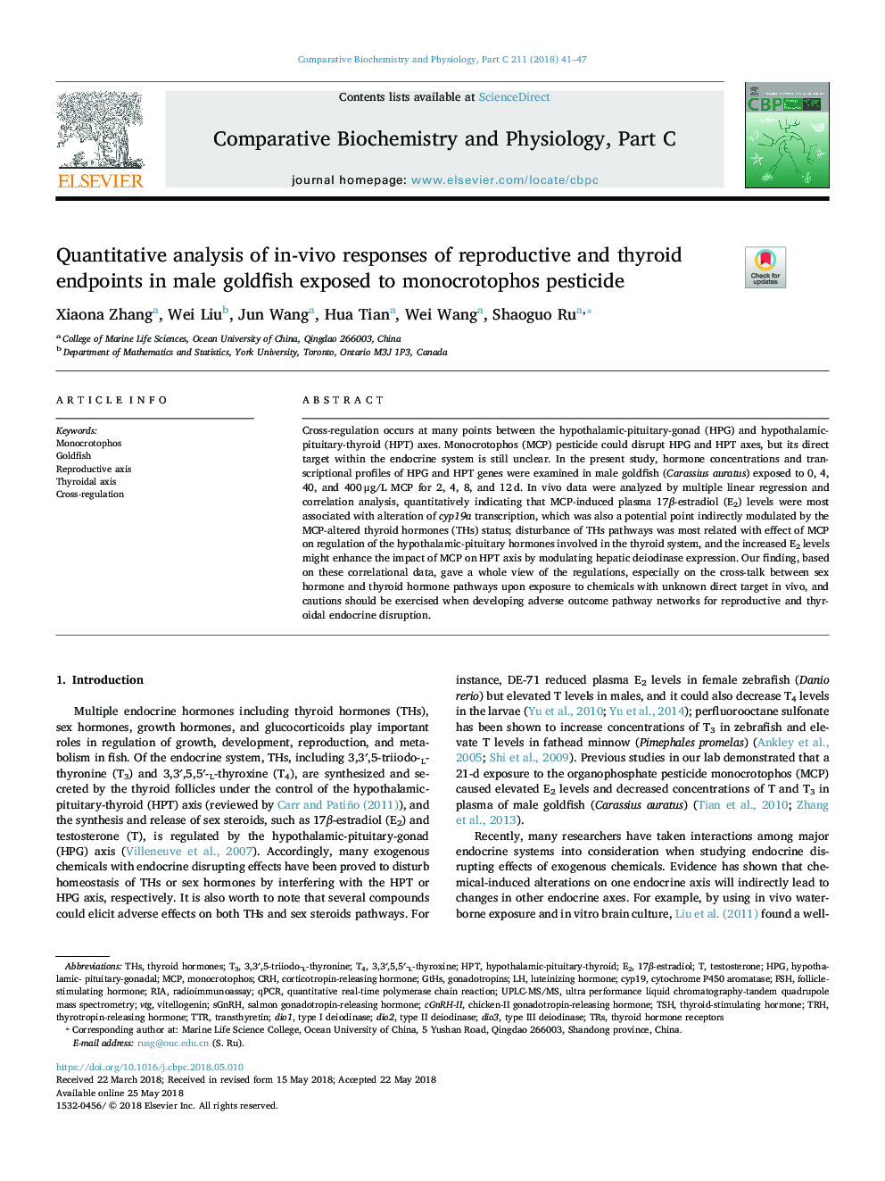 Quantitative analysis of in-vivo responses of reproductive and thyroid endpoints in male goldfish exposed to monocrotophos pesticide