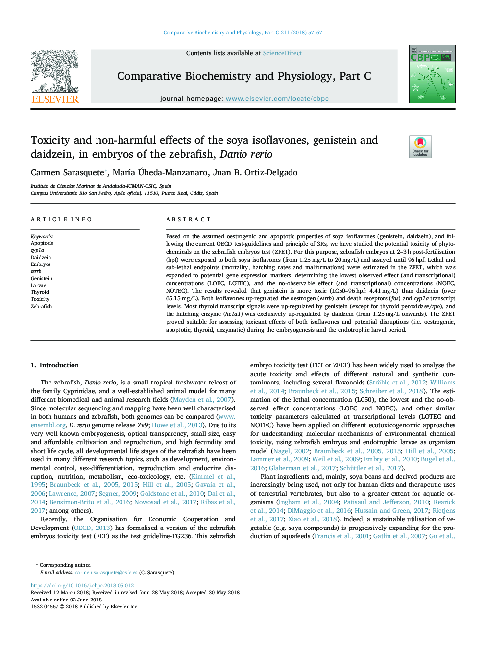 Toxicity and non-harmful effects of the soya isoflavones, genistein and daidzein, in embryos of the zebrafish, Danio rerio