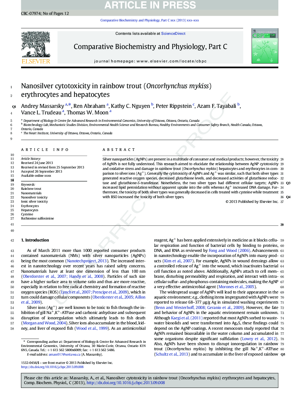 Nanosilver cytotoxicity in rainbow trout (Oncorhynchus mykiss) erythrocytes and hepatocytes