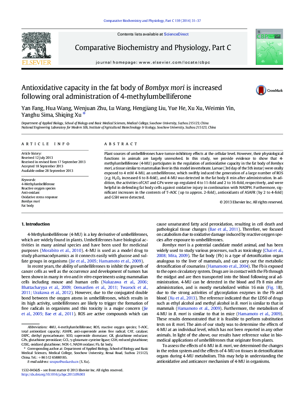 Antioxidative capacity in the fat body of Bombyx mori is increased following oral administration of 4-methylumbelliferone