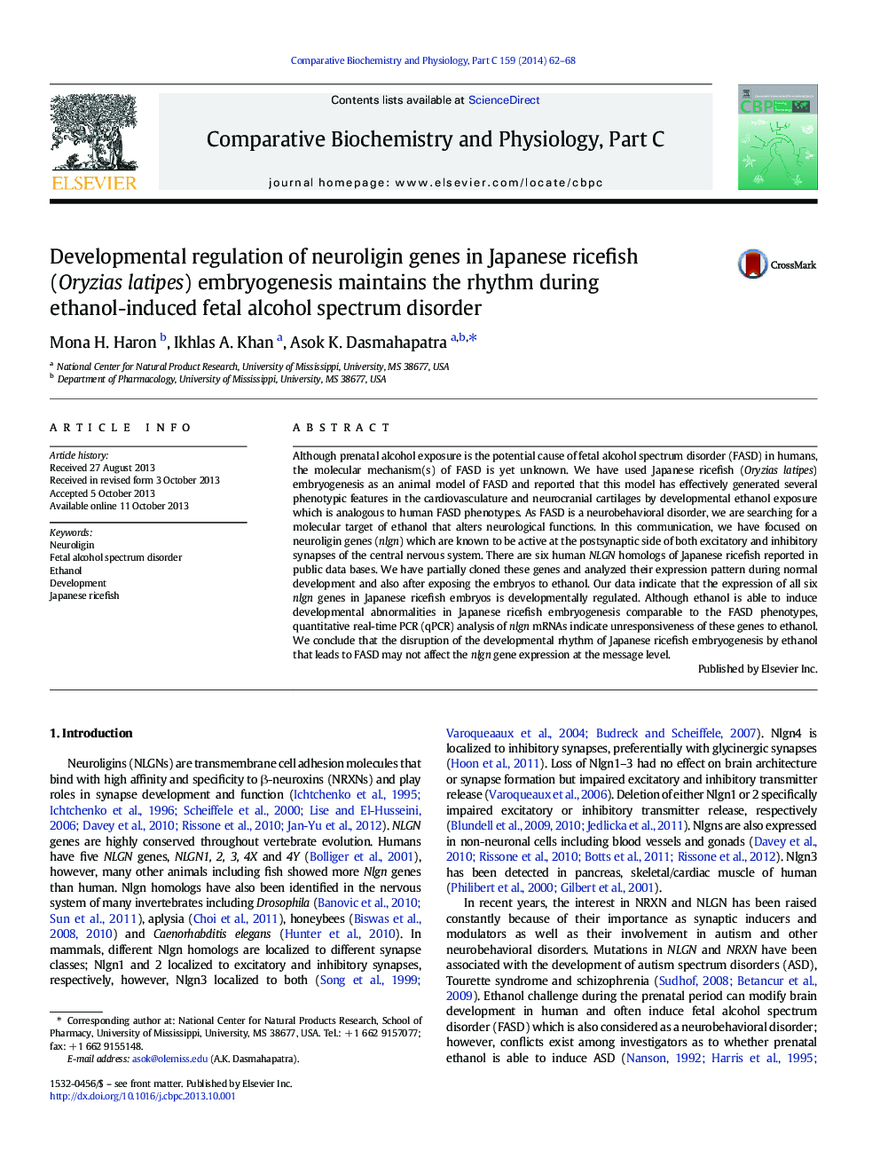 Developmental regulation of neuroligin genes in Japanese ricefish (Oryzias latipes) embryogenesis maintains the rhythm during ethanol-induced fetal alcohol spectrum disorder