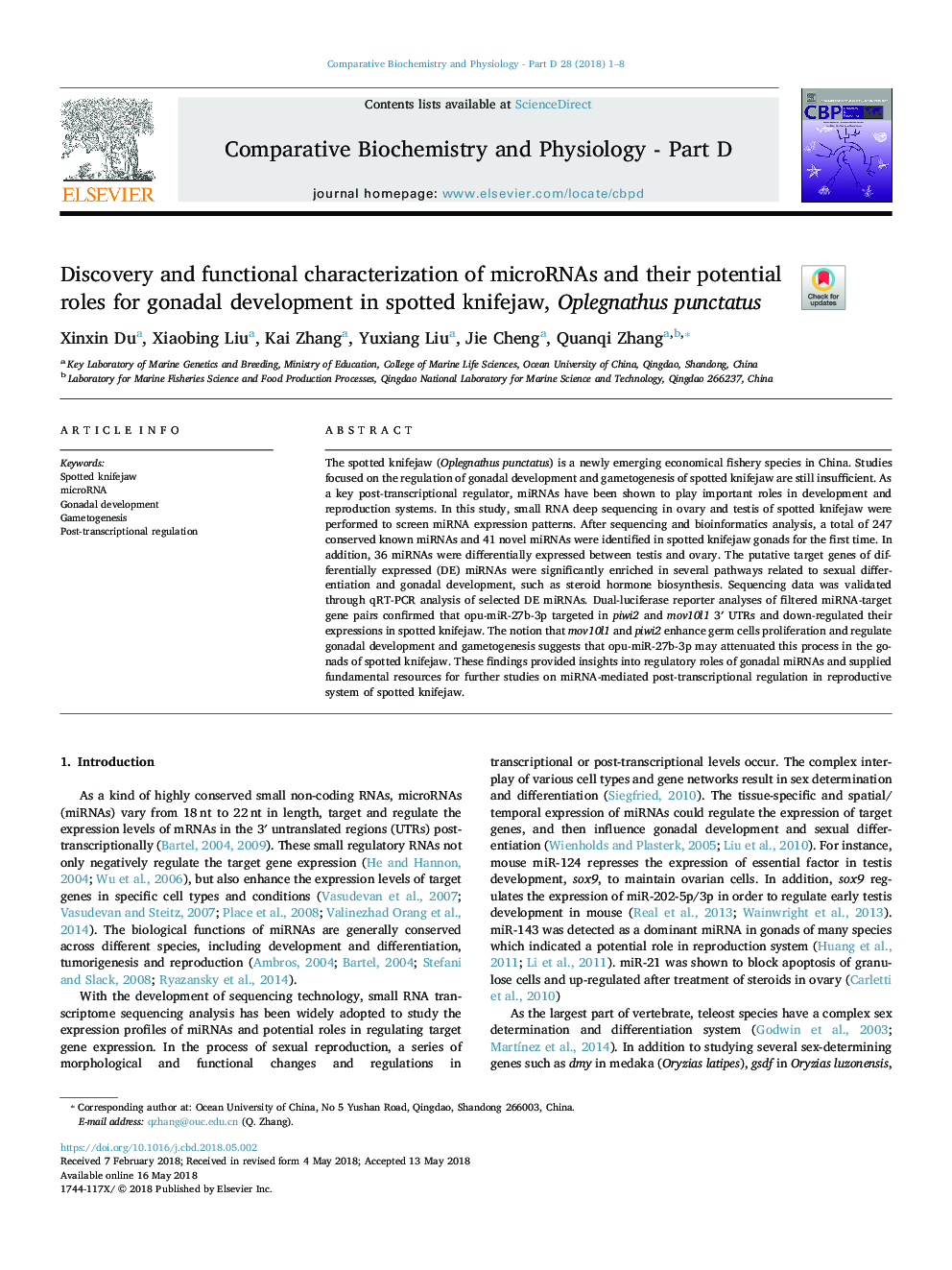 Discovery and functional characterization of microRNAs and their potential roles for gonadal development in spotted knifejaw, Oplegnathus punctatus