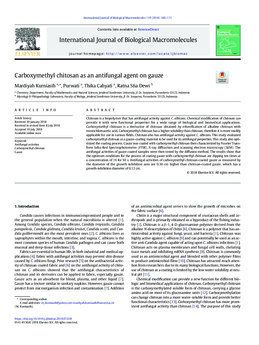 Carboxymethyl chitosan as an antifungal agent on gauze