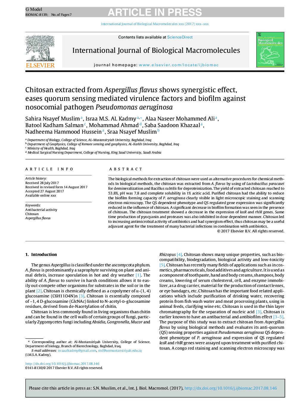 Chitosan extracted from Aspergillus flavus shows synergistic effect, eases quorum sensing mediated virulence factors and biofilm against nosocomial pathogen Pseudomonas aeruginosa