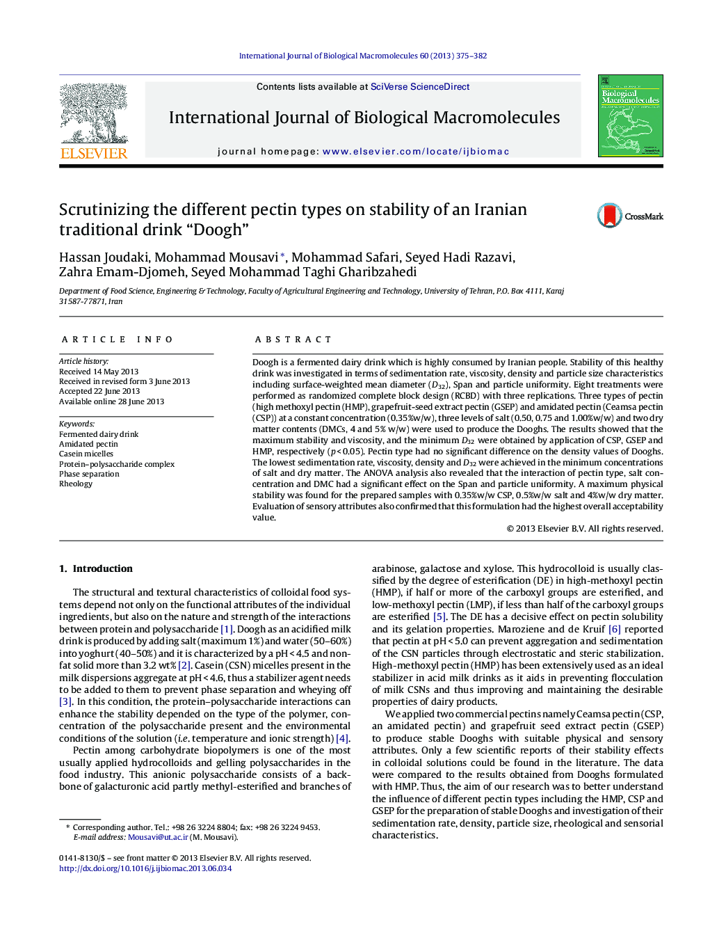 Scrutinizing the different pectin types on stability of an Iranian traditional drink “Doogh”