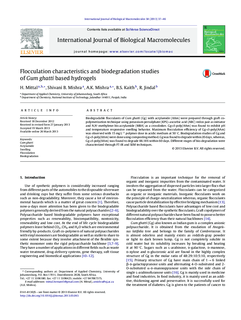 Flocculation characteristics and biodegradation studies of Gum ghatti based hydrogels