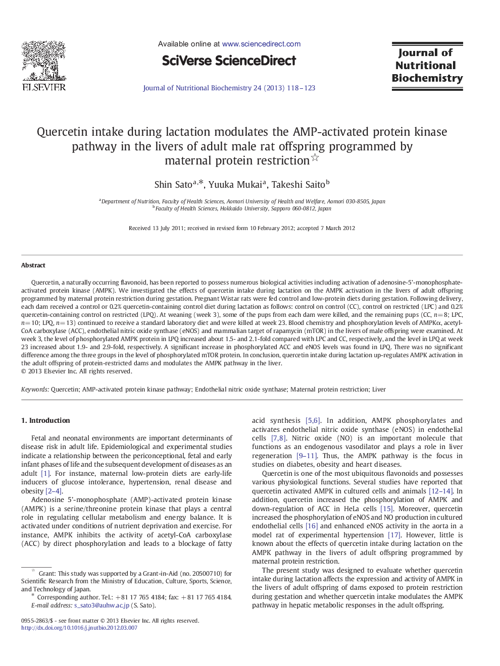 Quercetin intake during lactation modulates the AMP-activated protein kinase pathway in the livers of adult male rat offspring programmed by maternal protein restriction