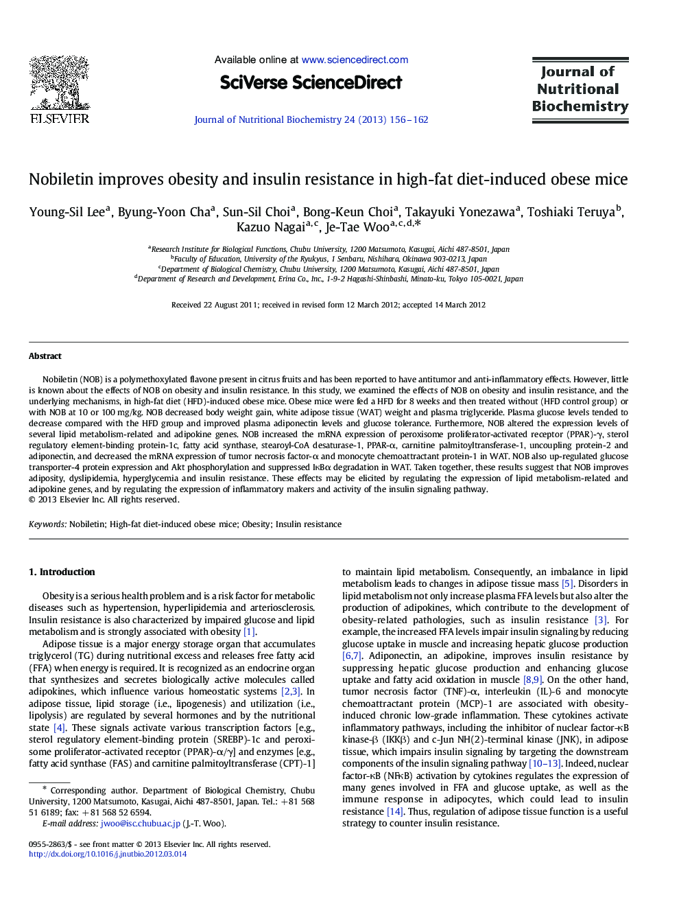 Nobiletin improves obesity and insulin resistance in high-fat diet-induced obese mice