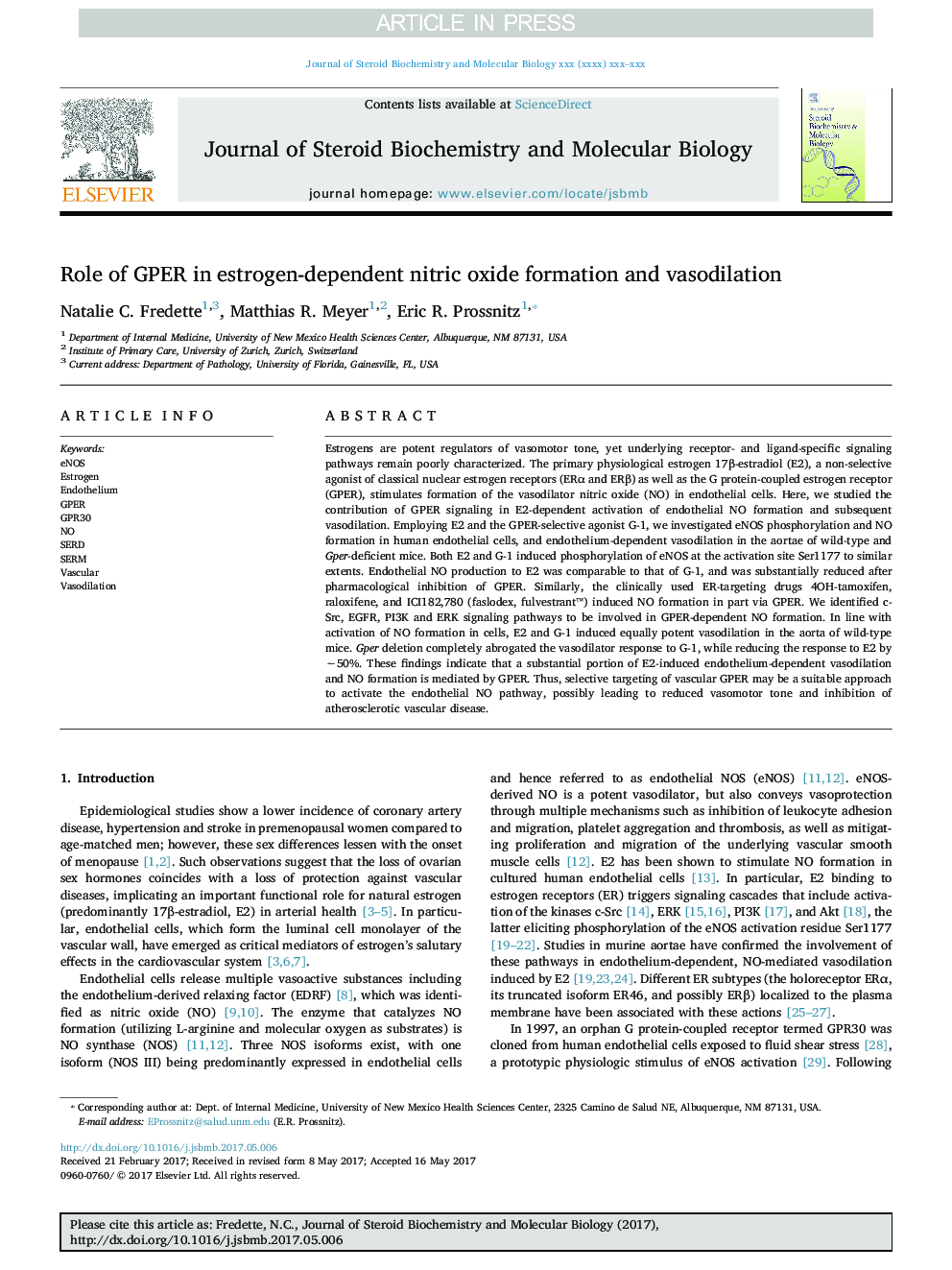 Role of GPER in estrogen-dependent nitric oxide formation and vasodilation