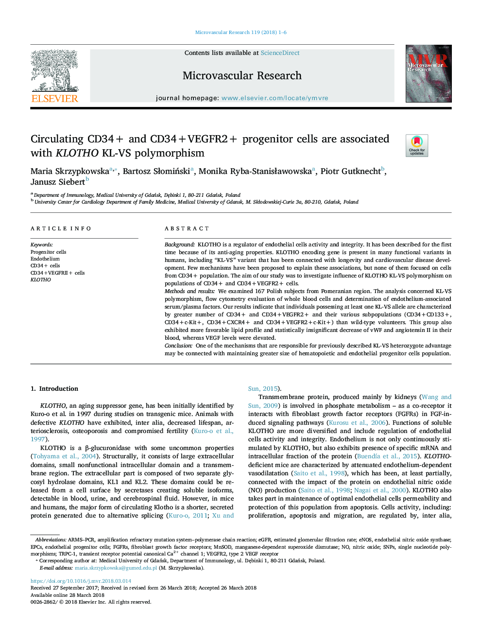 Circulating CD34+ and CD34+VEGFR2+ progenitor cells are associated with KLOTHO KL-VS polymorphism