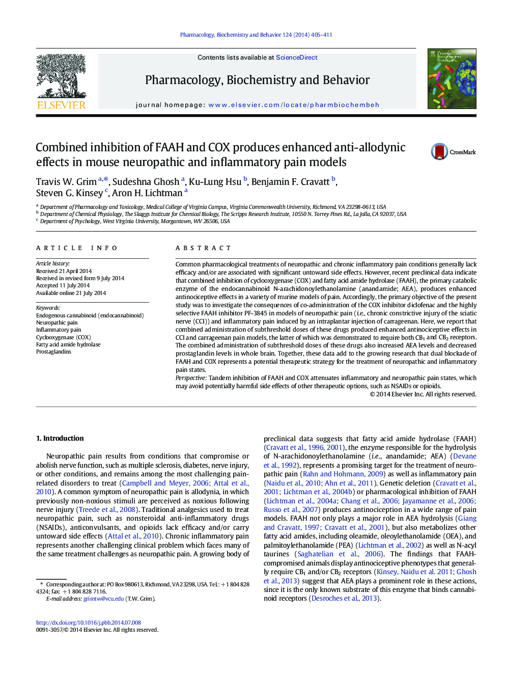 Combined inhibition of FAAH and COX produces enhanced anti-allodynic effects in mouse neuropathic and inflammatory pain models