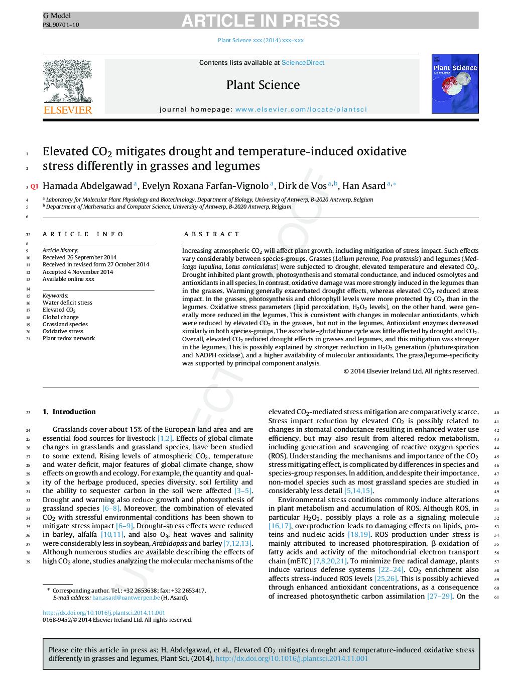 Elevated CO2 mitigates drought and temperature-induced oxidative stress differently in grasses and legumes