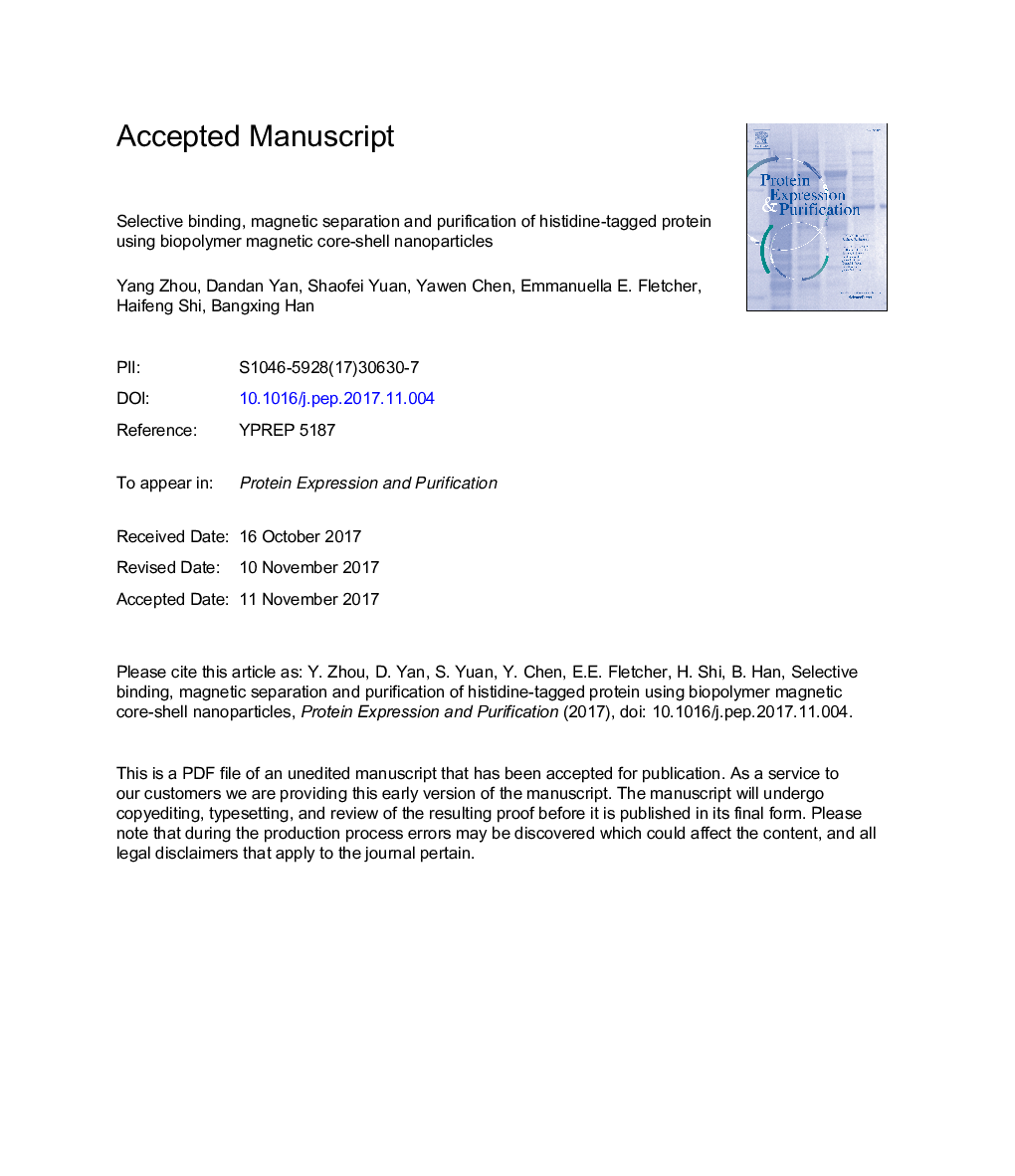 اتصال انتخابی، جداسازی مغناطیسی و پاکسازی پروتئین برچسب خورده با هیستیدین با استفاده از نانوذرات مغناطیسی بیوپلیمر 